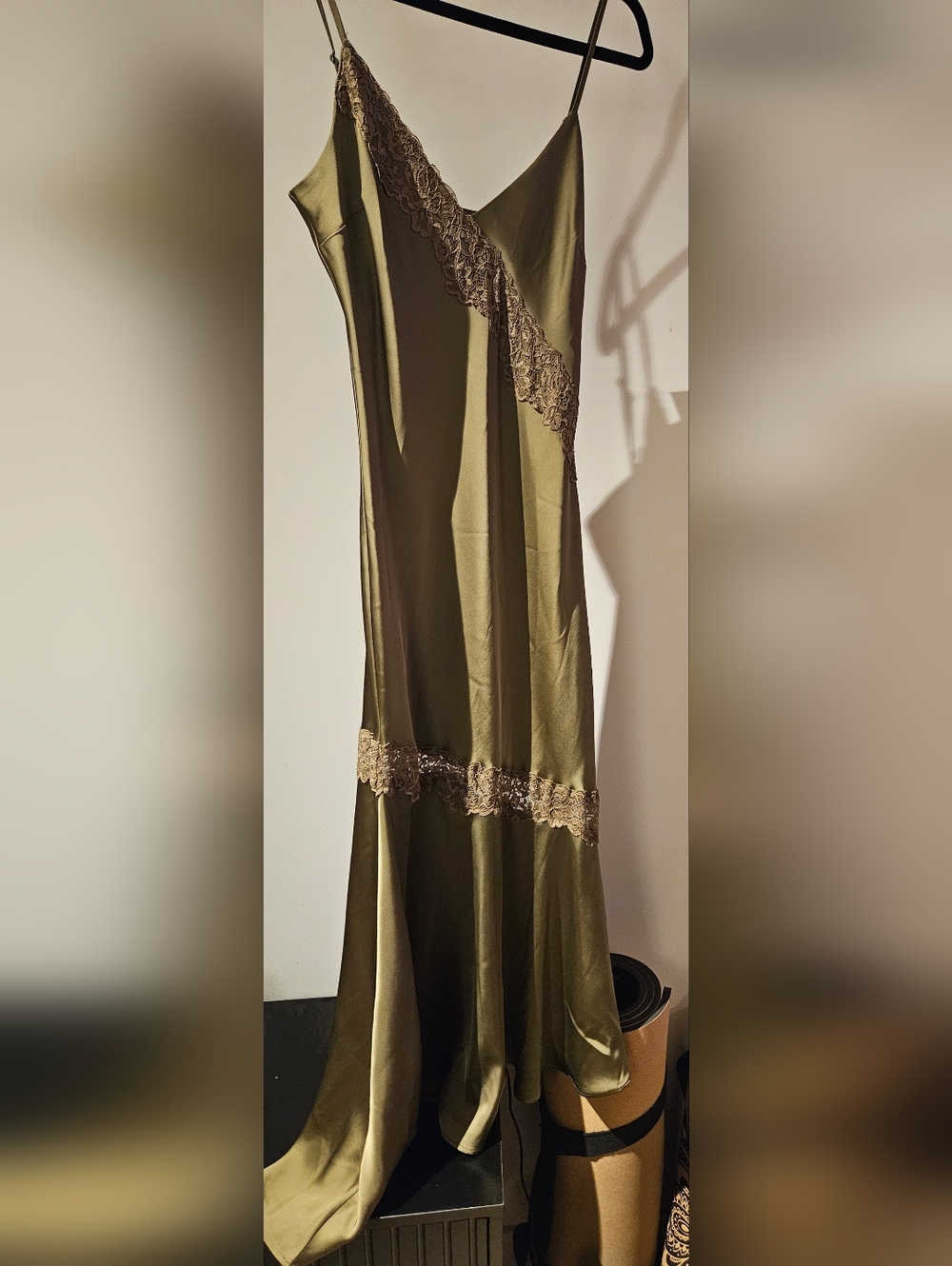 Dynamite Olive Slip Dress with Brown Lace